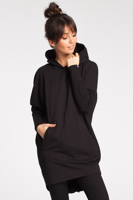 bluza z kapturem damska Bluza tunika z kapturem - czarna (B-021)