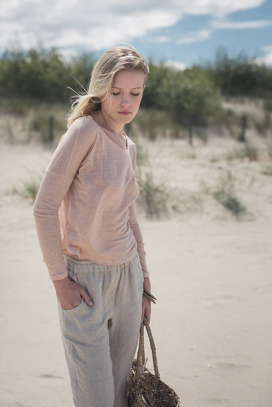 bluzki z długim rękawem damskie Lniana bluzka dzianinowa pastelowy róż