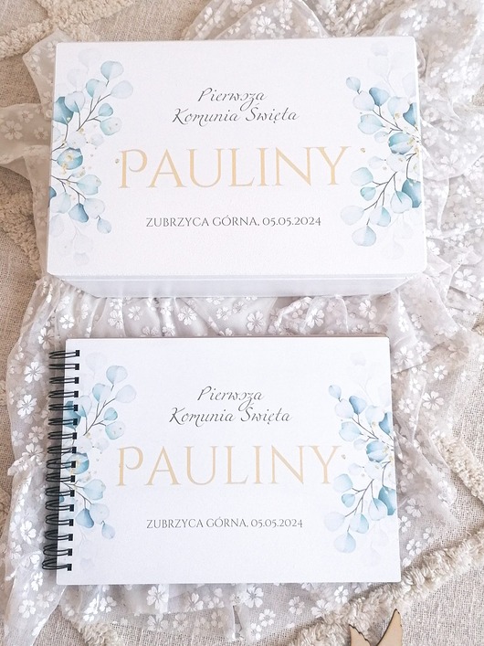 kartki na komunię Zestaw komunijny biały kuferek i album EUKALIPTUS 2 pamiątka komuni z imieniem