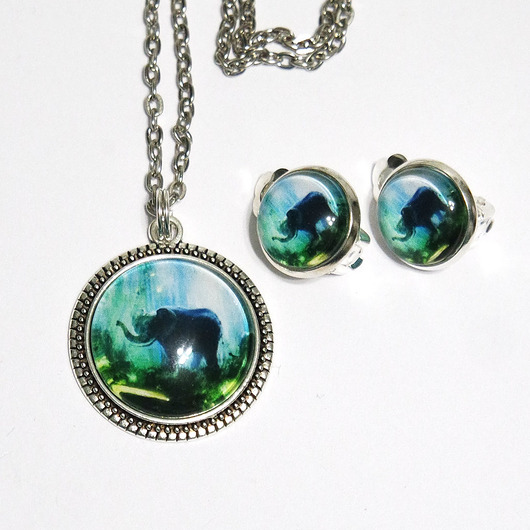 klipsy Naszyjnik i klipsy - Słoń, dżungla