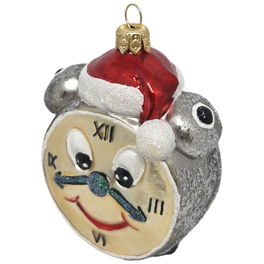 bombki Ręcznie malowana bombka szklana srebrny bajkowy zegar w czapce Mikołaja