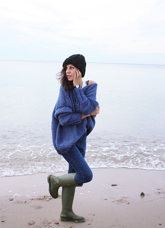 swetry damskie  Sweter handmade oversize  blue z wełną