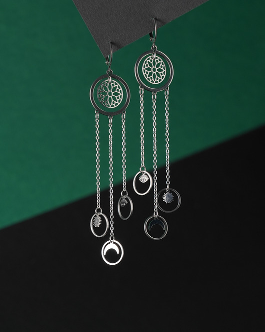 kolczyki srebrne Długie magiczne kolczyki ze stali a'la łapacz snów