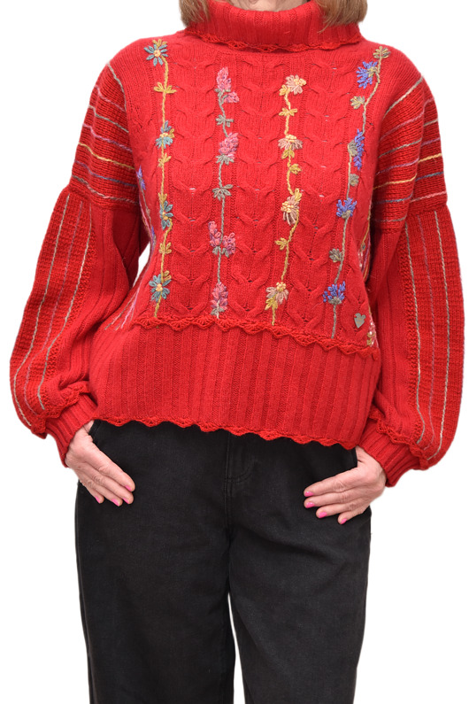 swetry damskie  Czerwony sweter z golfem i haftami, rozmiar L/XL