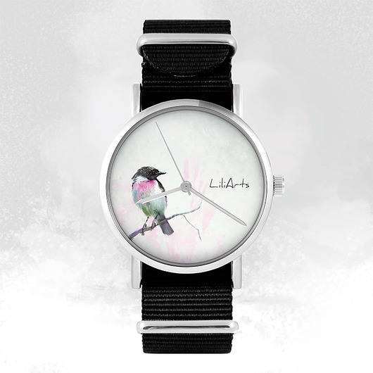 zegarki damskie Zegarek - Ptaszek - czarny, nylonowy