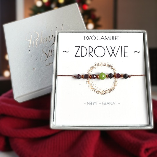 bransoletki z kamieni naturalnych Amulet - ZDROWIE - świąteczne pudełko - NEFRYT, granat
