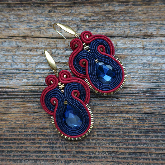 kolczyki soutache Granat, bordo i złoto- kolczyki sutasz