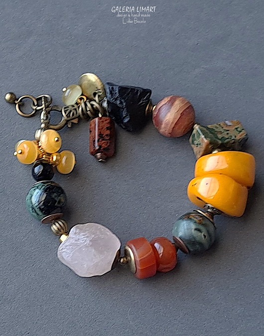 bransoletki z kamieni naturalnych Bransoleta unikat z mixu minerałów bis. Boho z nutą vintage Prezent lux