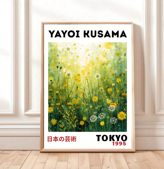 grafiki i ilustracje PLAKAT dekoracyjny zielona łąka dmuchawce Kusama
