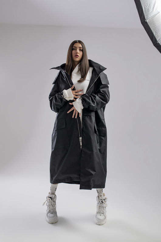 płaszcze damskie Parka Longline Hoodie Oversize czarna