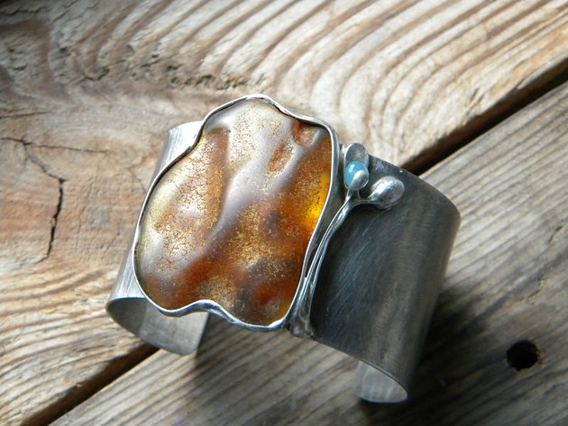 bransoletki wire wrapping Bursztyn / chalcedon -  bransoleta mankiet CUFF