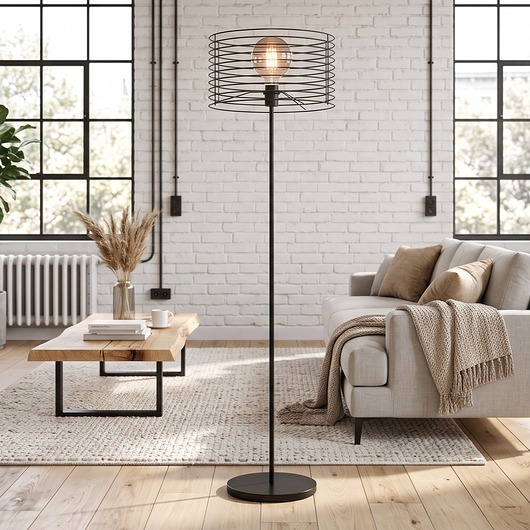lampy podłogowe Czarna lampa podłogowa do salonu FORNOSA LOFT z drucianym kloszem