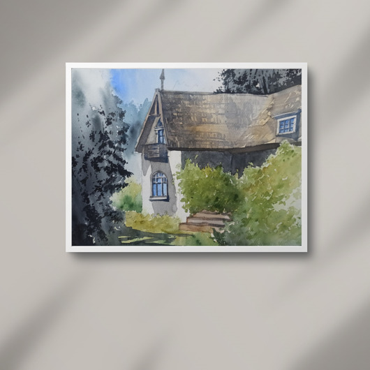 obrazy WYPRZEDAŻ SZTUKI! Akwarela Dom w zieleni oryginalny obraz 300g A3 30x42 cm