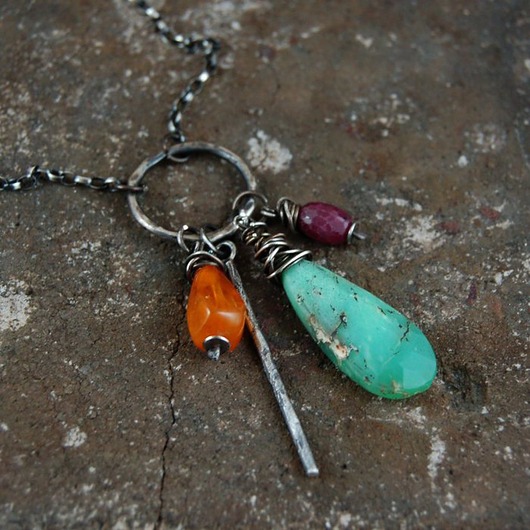 srebrne naszyjniki Rubin, kyanit, bursztyn - naszyjnik boho