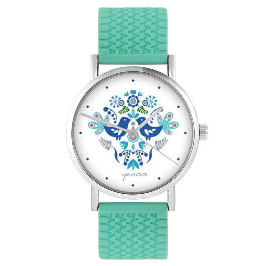 zegarki damskie Zegarek - Ptaszki folkowe, blue - silikonowy, turkus