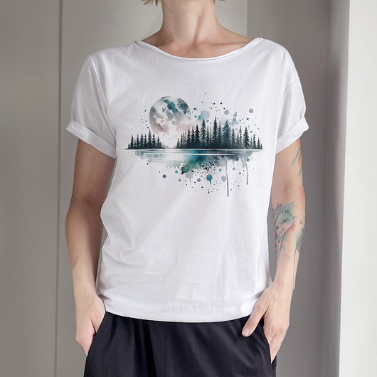 t-shirt damskie Księżyc las Biały Oversize