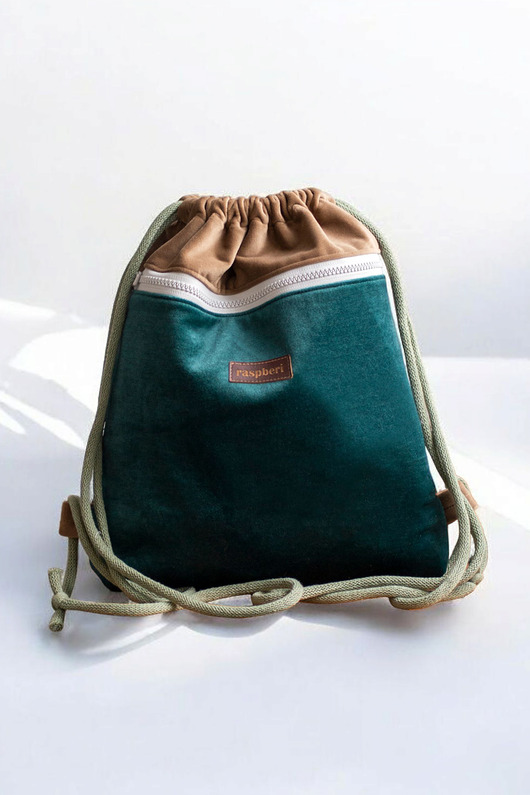 plecaki Beżowo-zielony plecak z przednią kieszenią z weluru