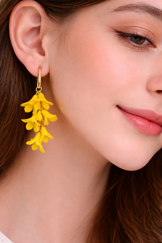 kolczyki z masy plastycznej Kolczyki forsycja żółte, wiszące kolczyki kwiaty, biżuteria wiosenna