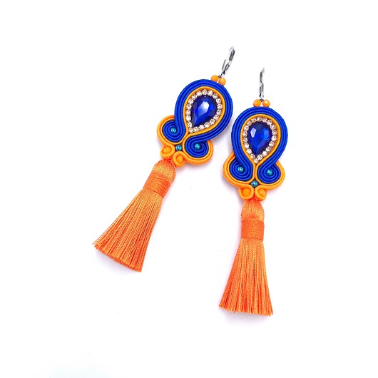 kolczyki soutache Kolczyki sutasz z chwostami pomarańczowo chabrowe kolorowe na lato Jolly