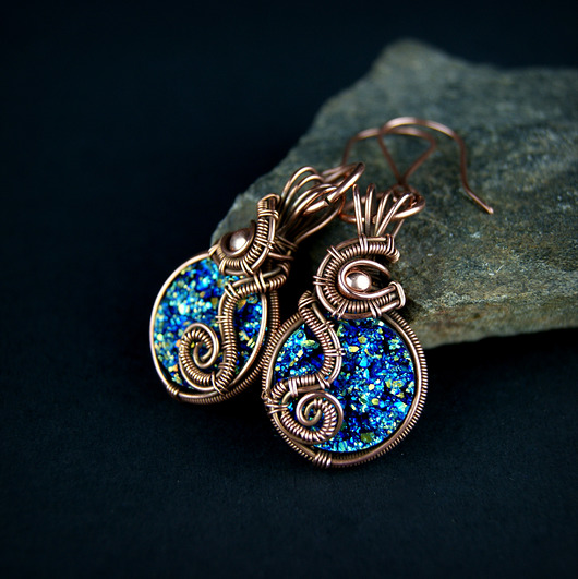 kolczyki wire wrapping Kolczyki z druzą z żywicy