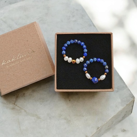 pierścionki elastyczne PREMIUM : zestaw pierścionków : lapis lazuli, perły