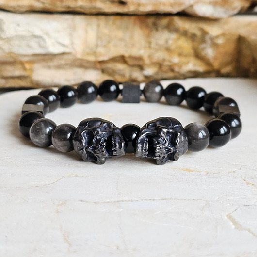biżuteria męska Męska ciężka bransoletka / Żeliwne Czaszki / Złoty Obsydian / Stal Oksyda