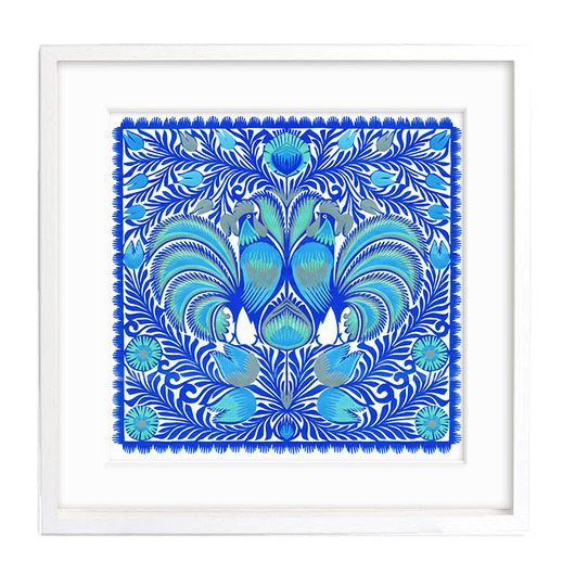 KOGUCIE impresje in blue (handmade-paper-cutout) na ludowo