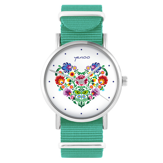 zegarki damskie Zegarek - Serce folk - turkusowy, nylonowy