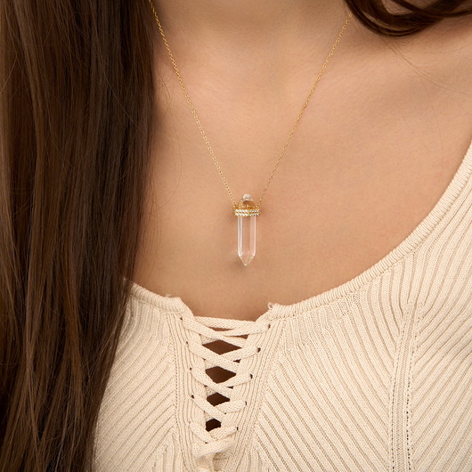 złote naszyjniki Naszyjnik z dużym kryształem górskim i cyrkoniami- srebro 925 pozłacane