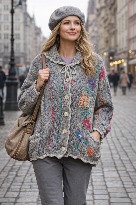 kardigany damskie Szary kardigan z haftowanymi kwiatami, rozmiar L/XL/XXL