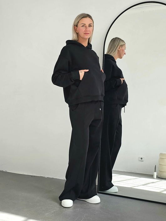 komplety damskie Aba komplet oversized kangurka i szerokie spodnie wide leg Black