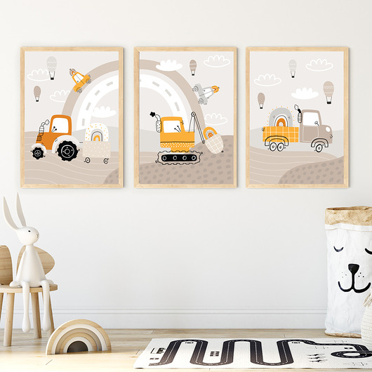 obrazy i plakaty do pokoju dziecięcego Zestaw plakatów Auta i Maszyny Budowlane, dekoracja do pokoju dziecka