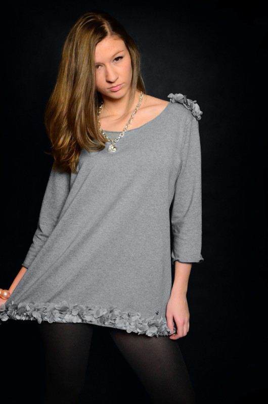 BLUZA SZARA TAŚMA Z KWIATAMI handmade - oversize Pudrowy Różowy