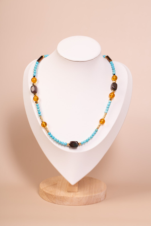 naszyjniki - inne Naszyjnik z bursztynami, kwarcem i amazonitem