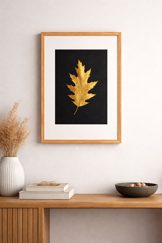 Ozdoby na ścianę Złoty Liść Dębu. Obraz Botaniczny. Drewniana Ramka Dąb 20x30cm