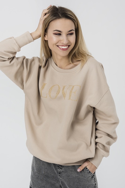 bluza bez kaptura damska Beżowa bluza ze zdobieniem