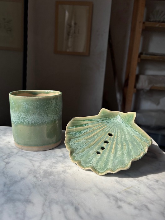 mydelniczki Jasno Zielony Ceramiczny Zestaw Łazienkowy z Mydelniczką Muszlą