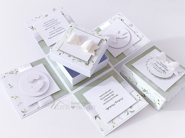 kartki, zaproszenia na chrzest Exploding box chrzest święty groszkowy