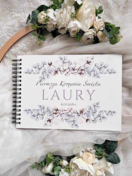 komunia - pozostałe BAWEŁNA Z EUKALIPTUSEM Album drewniany, pamiątka komunijna, księga gości