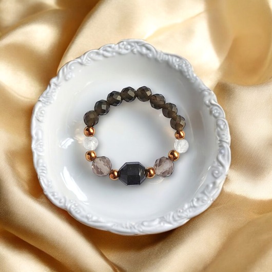 pierścionki elastyczne OCHRONA : pierścionek II - turmalin, obsydian, kwarc dymny, kryształ górski