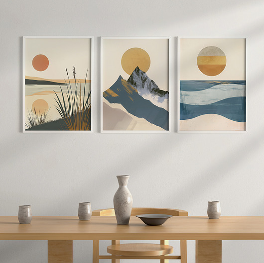 plakaty Plakaty zestaw/tryptyk natura, góry, morze, jeziora, w stylu mid-century.