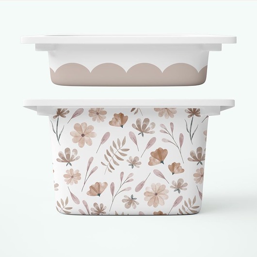 pojemniki na zabawki Falbanka i beżowe kwiaty - naklejki na pojemniki na zabawki