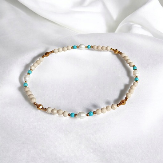 bransoletki z kamieni naturalnych NA NOGĘ : perły, kamień rzeczny, magnezyt, hematyt