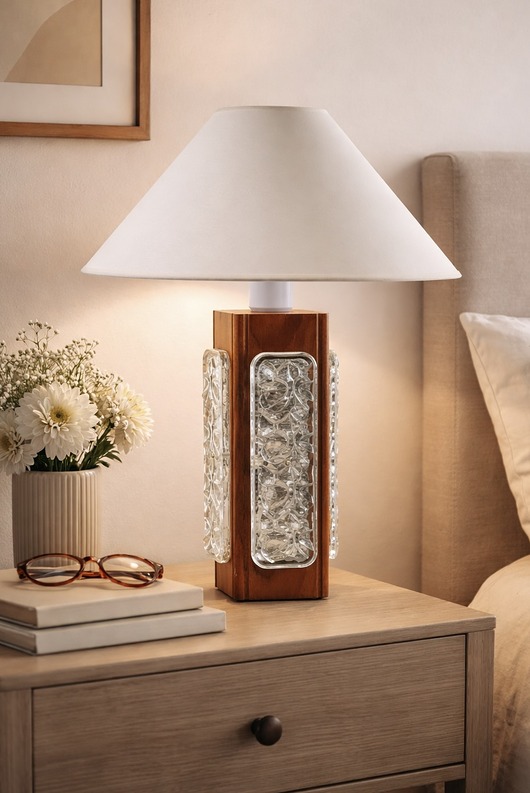 lampy stołowe Skandynawska lampa stołowa teak & szkło strukturalne lata 60/70 54 cm