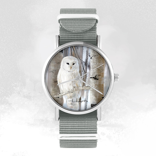 zegarki damskie Zegarek - Biała sowa - szary, nylonowy