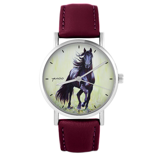 zegarki unisex Zegarek - Czarny koń 2 - skórzany, burgund