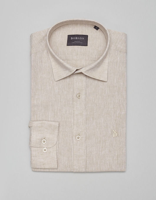 koszule męskie Lniana koszula lentane 00481 długi rękaw beżowy slim fit