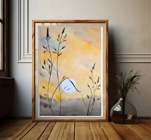 obrazy Oryginalna akwarela. Zachód słońca na łące A3