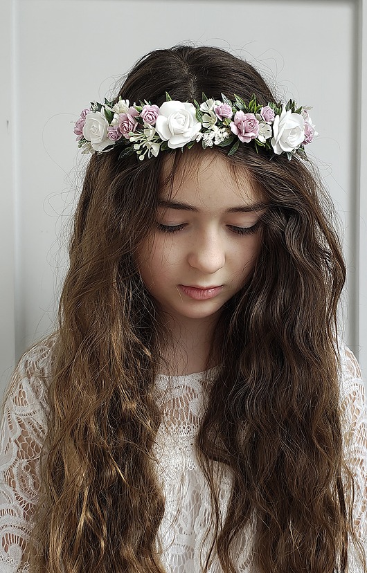 wianki komunijne Wianek komunijny jak żywy fioletowo liliowy ,   biel zieleń