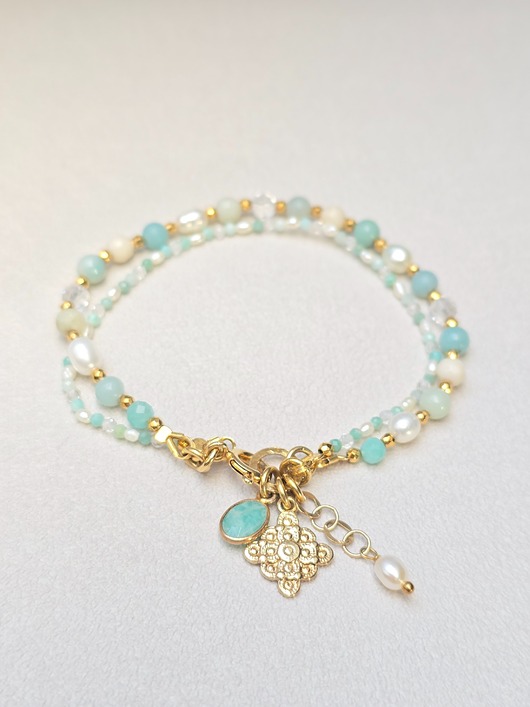 bransoletki z kamieni naturalnych Podwójna Bransoletka Perełki  z Amazonitem Srebro Zł